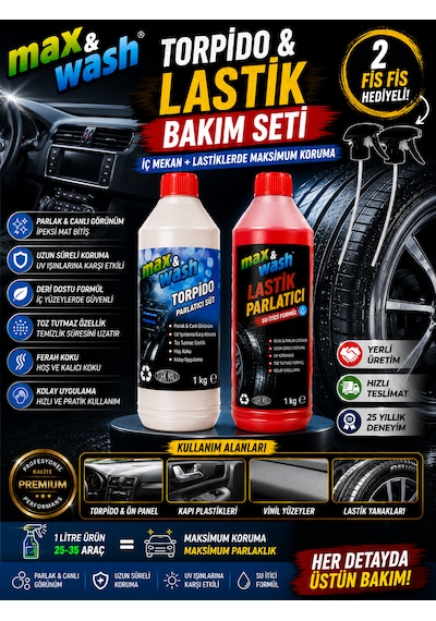 Max&wash Torpido & Lastik Bakım Seti Torpido Parlatıcı Süt 1 Kg + Lastik Parlatıcı 1 Kg 2 Adet Fıs Fıs Hediyeli