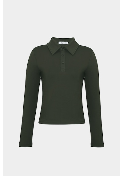 Açelyaokcu Premium Polo Yaka Vatka Detaylı Pamuklu Fit Tişört Haki