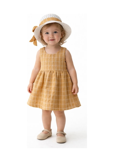Chicsy Baby Tatlı Kız Bebek Ekose Tarz Elbise Şapkalı Fiyonk Detaylı Yazlık 2 Li Kombin Sarı