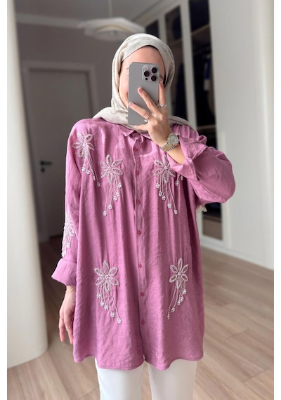 Kahijab Stella Boncuk İşlemeli Gömlek - Gülkurusu