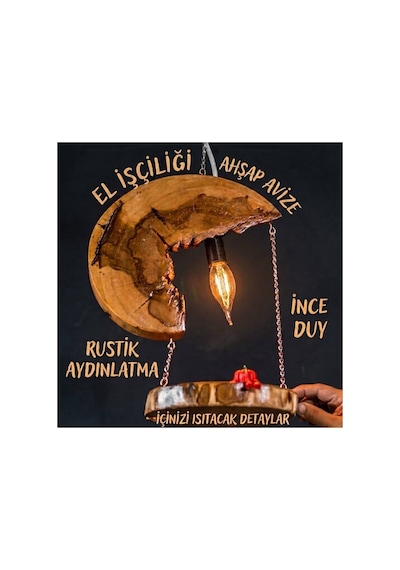 Doğal Ahşap Zincir Askılı Avize Kahverengi