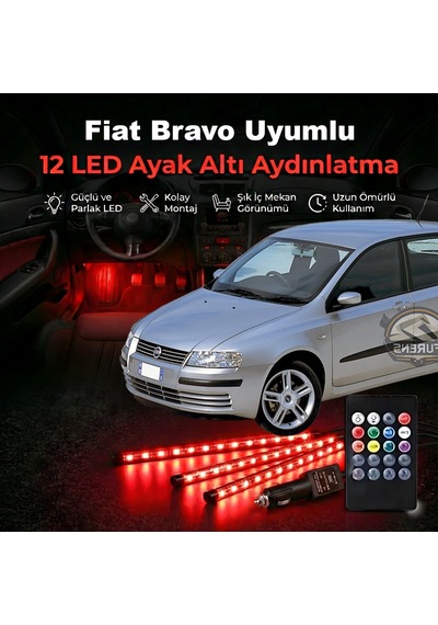 Fiat Bravo Uyumlu Rgb Ayak Altı Led 12 Led Kumandalı Müzik Duyarlı Araç İçi Aydınlatma 7 Renk 12v 1