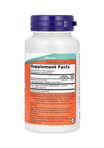 Now Foods Magnesium Glycinate With Bioperine Nervous System Support 60 Veg Capsules