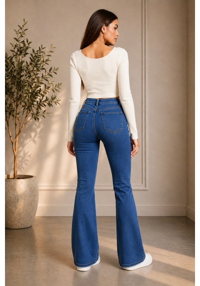 Woddi Kadın Lacivert Jeans Solmayan Yüksel Bel Likralı Toparlayıcı İspanyol Kot Pantolon