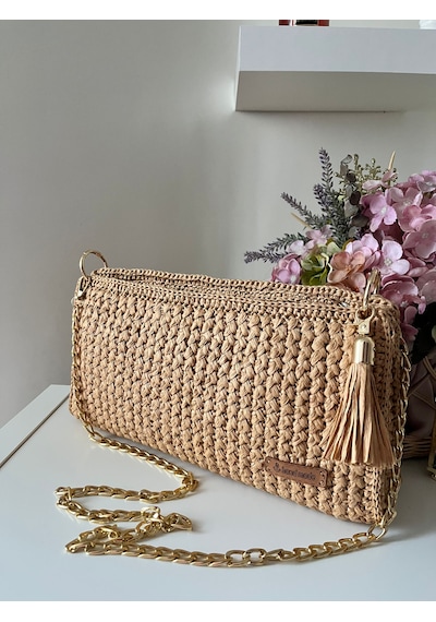 El Yapımı Örgü Kağıt İp Kadın Clutch Çanta Zincir Askılı Bej