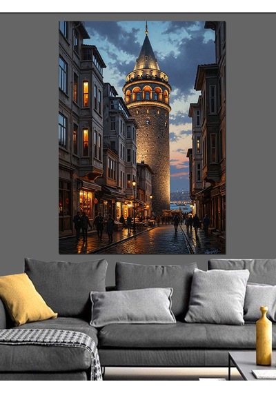 Ahşap Tablo Gece Galata Kulesi Sokağı