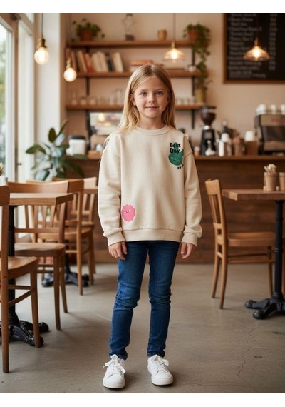 Kız Çocuk Pamuklu Tavşan Desenli İnce Uzun Kollu Sweatshirt-16335 KREM