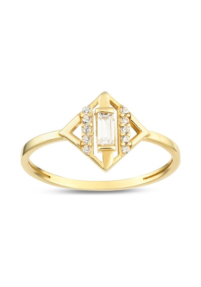 Debora Jewelry 14 Ayar Altın Geometrik Baget Beyaz Taşlı Yüzük