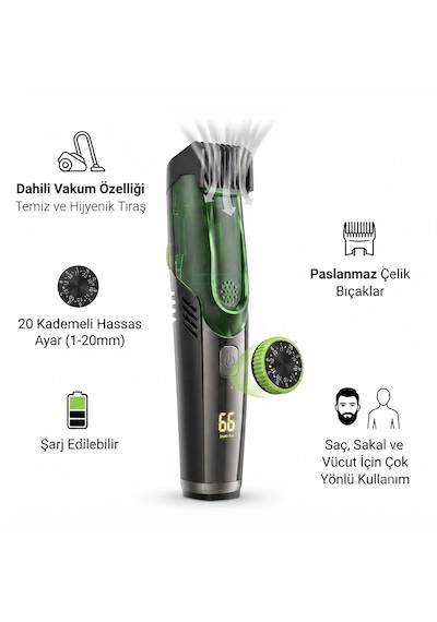 Precious Vakumlu Sakal Düzeltici Şarjlı Saç Sakal Makinesi 1-20 Mm Ayarlı 1 - 2 Saat