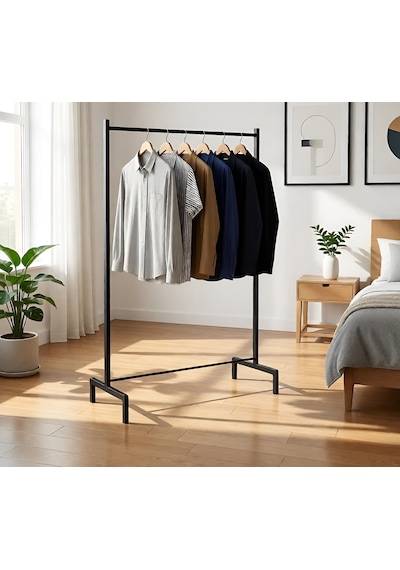 Modern Metal Elbise Askısı - Konfeksiyon Tipi Ayaklı Askılık - Siyah