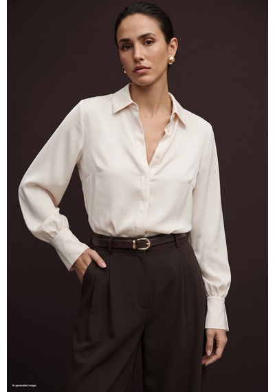 Sateen Manşet Detaylı Gömlek - Ekru-138139