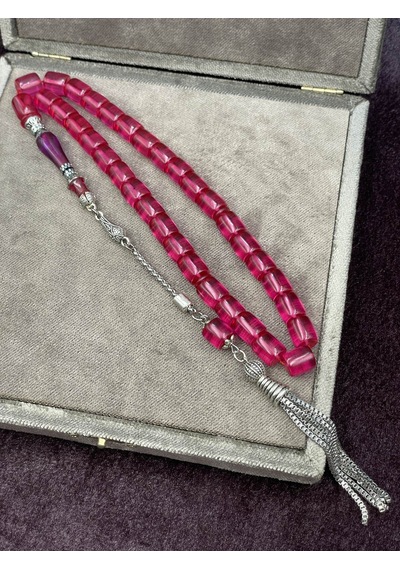 Alpaka Nakkaş İmameli Pembe Ateş Kehribar Tesbih 9x10 Mm