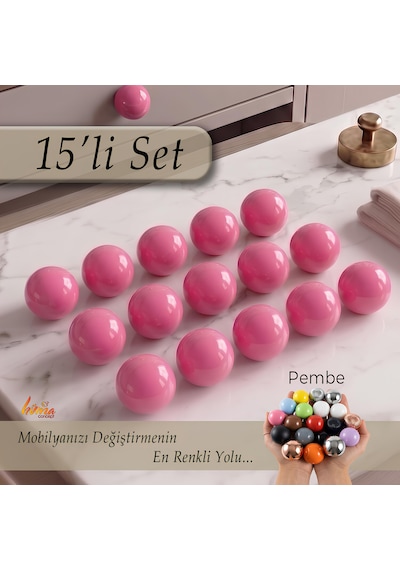 15 Adet Sert Plastik Düğme Yuvarlak Top Pembe Dolap Mobilya Mutfak Dolabı Çekmece Kulbu Kulpu Kulplar