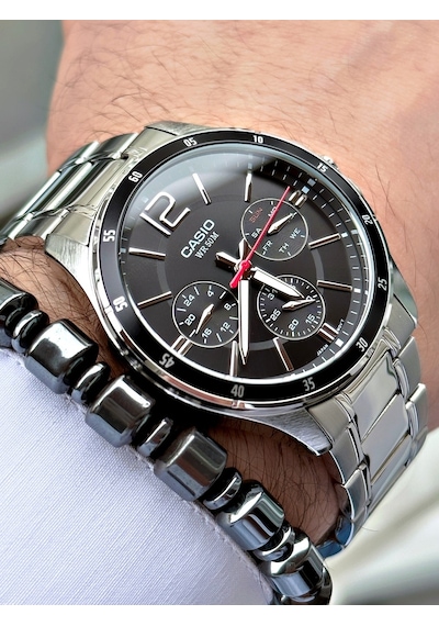 Casio Gümüş Renk Siyah Kadran Çelik Kordon   Fonksiyonlu Erkek Kol Saati + Bileklik Hediyeli Nda94