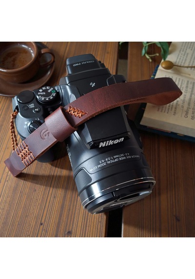Hakiki Deri El Yapımı Fotoğraf Makinesi Bilek Askısı - 2 Cm Genişlik 2 Mm Kalınlık Kızıl Kahve Kamera Bilekliği Kahverengi