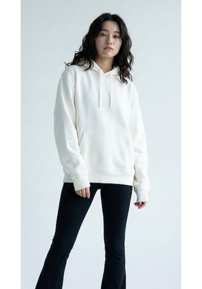 Hoxie Unisex Rahat Kesim Pamuklu Yumuşak Dokulu İçi Polarlı Basic Desenli Kapüşonlu Sweatshirt Ekru