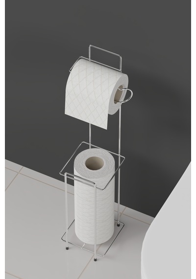 Buççin Online Mağaza Krom Metal Tuvalet Kağıtlığı Yedekli Wc Kağıtlığı Standı Modern Şık Banyo Aksesuarı 58x12x12 Cm Çok Renkli