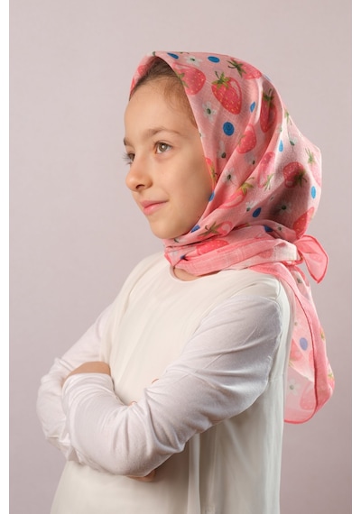 Hürrem Bone Pembe Dijital Baskılı Çocuk Tesettür Eşarp Pamuk Polyester Çilek Desenli 6001 04 Pembe
