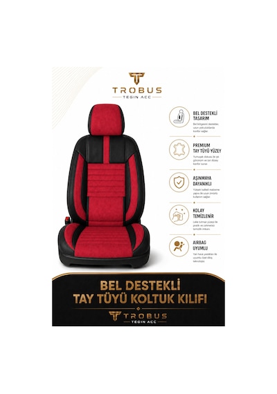 Renault Megane E-tech 2022+ Uyumlu Apex Serisi Tay Tüyü Bel Destekli Kırmızı Siyah Koltuk Kılıfı