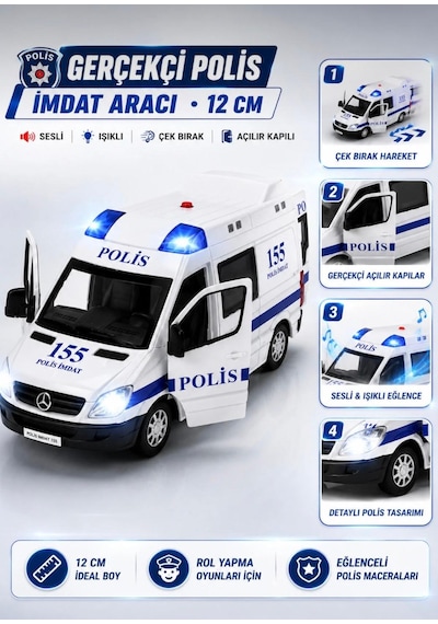 Oyuncak Metal Işıklı Sesli Çek Bırak Özellikli Ön Ve Arka Kapılar Açılır Ambulans-polis-itfaiye-askeri Jandarma Minibüsü 12 Cm Mavi