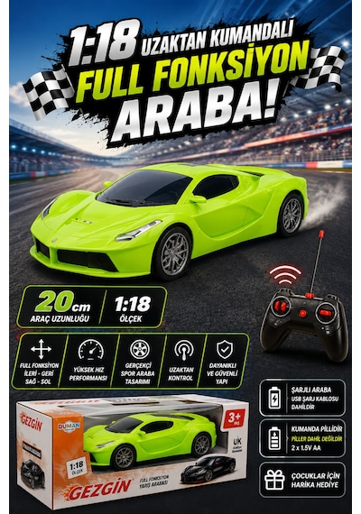 1:18 Şarjlı Uzaktan Kumandalı Spor Araba - Full Fonksiyon Usb Kablolu Oyuncak Araba 20 Cm Yeşil