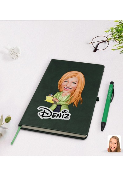 Kişiye Özel Kadın Asistan Karikatürlü Yeşil Termo Deri Defter Kal