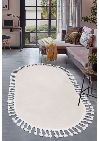 Dijidekor Lüx Post Peluş Düz Krem Oval Saçaklı Bohem Koridor ...