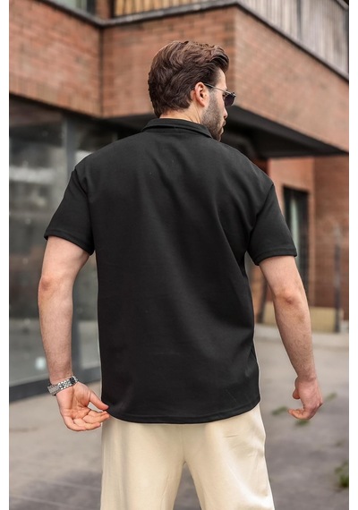 Madmext Siyah Polo Yaka Oversize Erkek Tişört E7185