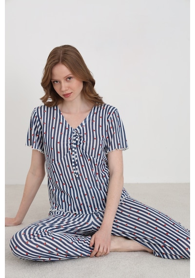 Elitol Jakarlı Viskon Bağlamalı Kadın Pijama Takımı Desenli-5