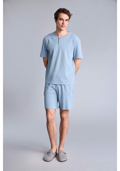 Defacto New Regular Fıt Kısa Kollu 2li Şort Tişört Pike Pijama Takım H5199ax26spbe299 Mavi-be299
