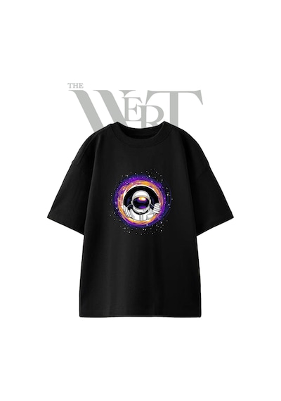 Thewert Astronot Kara Delik Tasarım Baskılı Ünisex Siyah Oversize T-shirt