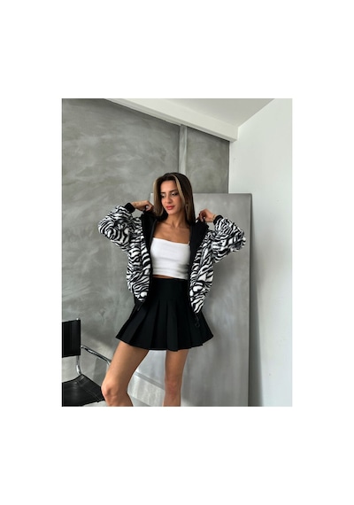 Verymoda Leopar Baskılı Peluş Mont F1650 Siyah Zebra