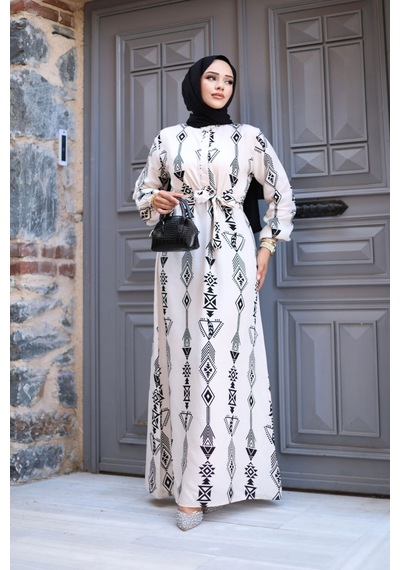 Hira Life Fashion Kadın Tesettür Geometrik Desen Önü Düğmeli Ve Bel Kuşaklı Viskon Elbise Beyaz Beyaz Hira Life Fashion Kadın Tesettür Geometrik Desen Önü Düğmeli Ve Bel Kuşaklı Viskon Elbise Beyaz Beyaz