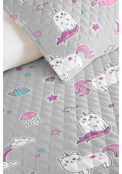 Evimde Bambaşka Gri Unicorn Kız Çocuk Pike Takımı - Pastel Pembe Mint Bebek Odası Mevsimlik Yatak Örtüsü-160x220  CM
