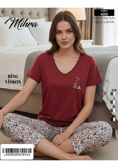 Mihra Kadın Viskon V Yaka Kısa Kol Kapri Likralı Pijama Takımı 40111bo - 1 Adet Bordo