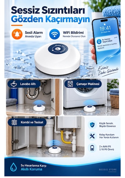 Wifi Su Baskını Ve Kaçak Sensörü Fonri, Tuya, Smart Life, Google Assistant, Amazon Alexa Destekli