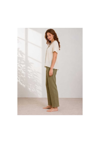 Pijamask Kadın Kısa Kollu Pamuklu Pijama Takım Haki