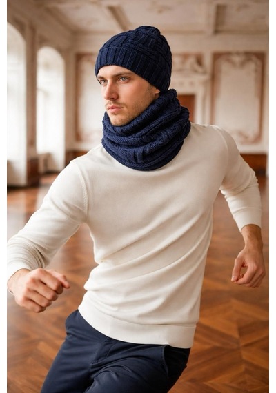 Gönülden Tasarım El Örgüsü Yumuşak Yün Erkek Bere Boyunluk Takım Unisex Lacivert