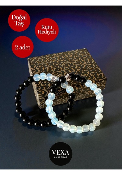 Yin Yang Temalı Oniks Ve Opal Çift Bileklik Seti Sevgili & Arkadaşlık Kombini Kutu Hediyeli Çok Renkli