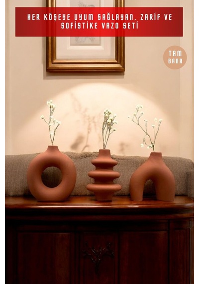 Siyah Dekoratif Vazo Seti Obje Ev Dekorasyon Masa Üstü Dekor Vazo Seti Model 1001 Terracotta Terracotta