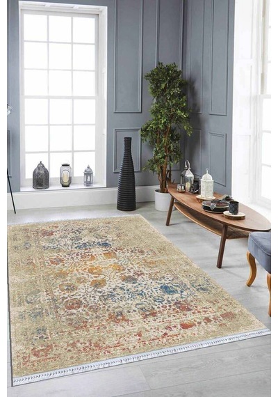 Krem Modern Dokuma Pamuk Tabanlı Kaymaz Kilim Klm004n11