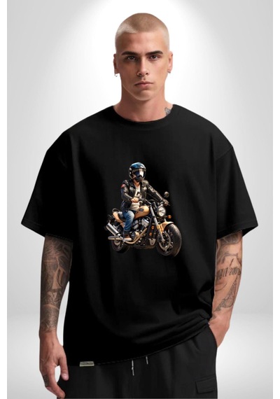 Kask Motorsiklet Dünya Turu Pamuklu Bisiklet Yaka Unisex Oversize Boyfriend Dijital Baskılı Siyah T-shirt Siyah