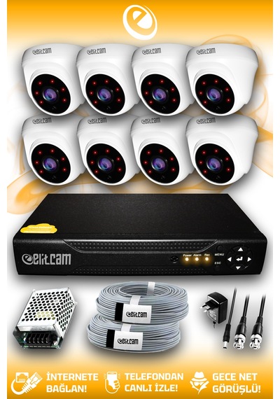 Elitcam 8 Kameralı Dome 8 İç Kamera Set HDD'siz Full HD Gece Görüşlü Güvenlik Kamerası Sistemi