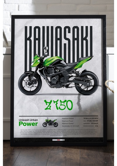 Kawasaki Z750 Siyah Ahşap Çerçeveli Poster, Dekoratif Motosiklet Duvar Tablosu