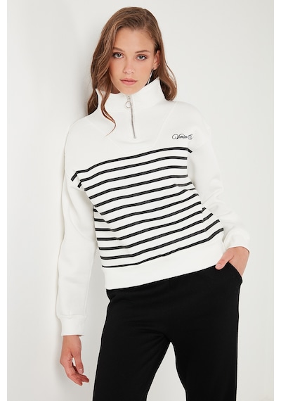 Lela Streç Oversize Fit Yarım Fermuarlı Dik Yaka Bayan Sweat 5865883 Ekru