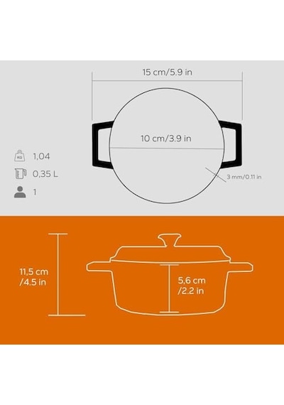 Metal Döküm Mini Tencere, 10 Cm, 0.35 L Hacim, Turuncu 12v