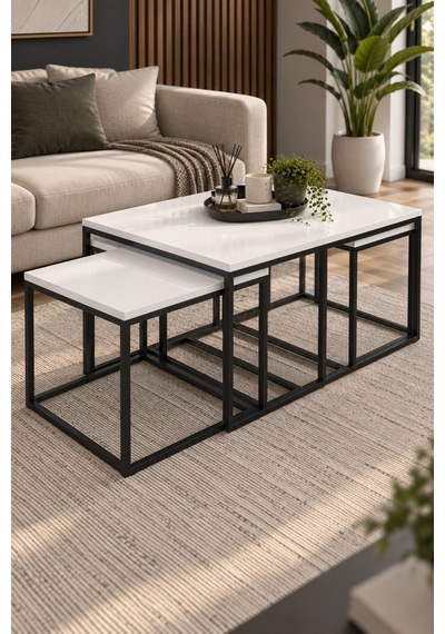 Sulorahome 4'lü Beyaz Orta Sehpa Ve Zigon Sehpa Seti Metal Ayaklı