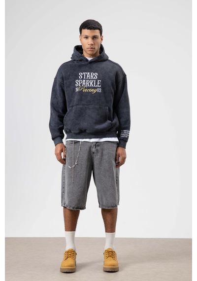Vamos Oversize Nakış Baskılıkapüşonlu Sweatshirt Siyah