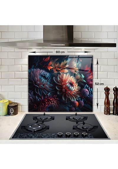 Cam Ocak Arkası Koruyucu Dark Flowers 52cm X 60cm