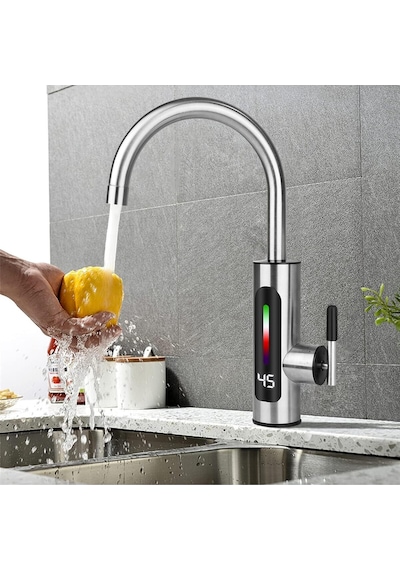 Dijital Göstergeli Elektrikli Anında Su Isıtıcılı Musluk Paslanmaz Çelik Mutfak & Banyo Gri